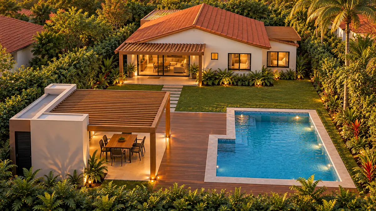 Vista do alto da área gourmet com pergolado, do deque de madeira e da piscina, com a casa ao fundo