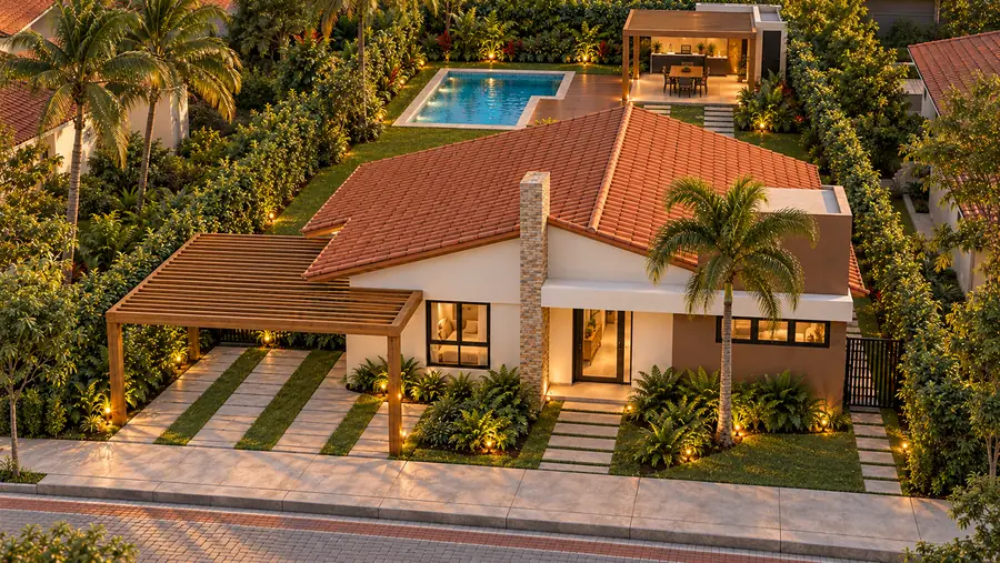 Projeto de casa térrea visto do alto, com pergolado na garagem, jardim e piscina nos fundos