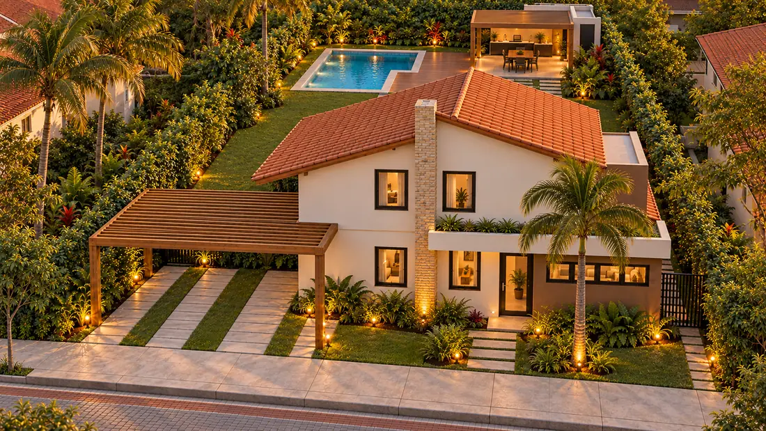 Vista do alto de outra casa de dois pavimentos, com jardineira na fachada, pergolado na garagem e piscina nos fundos